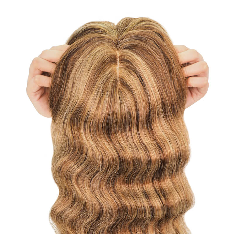 Caramel Highlights Human Hair Topper With Bang For Women Hair Loss 13*13cm Silk Base