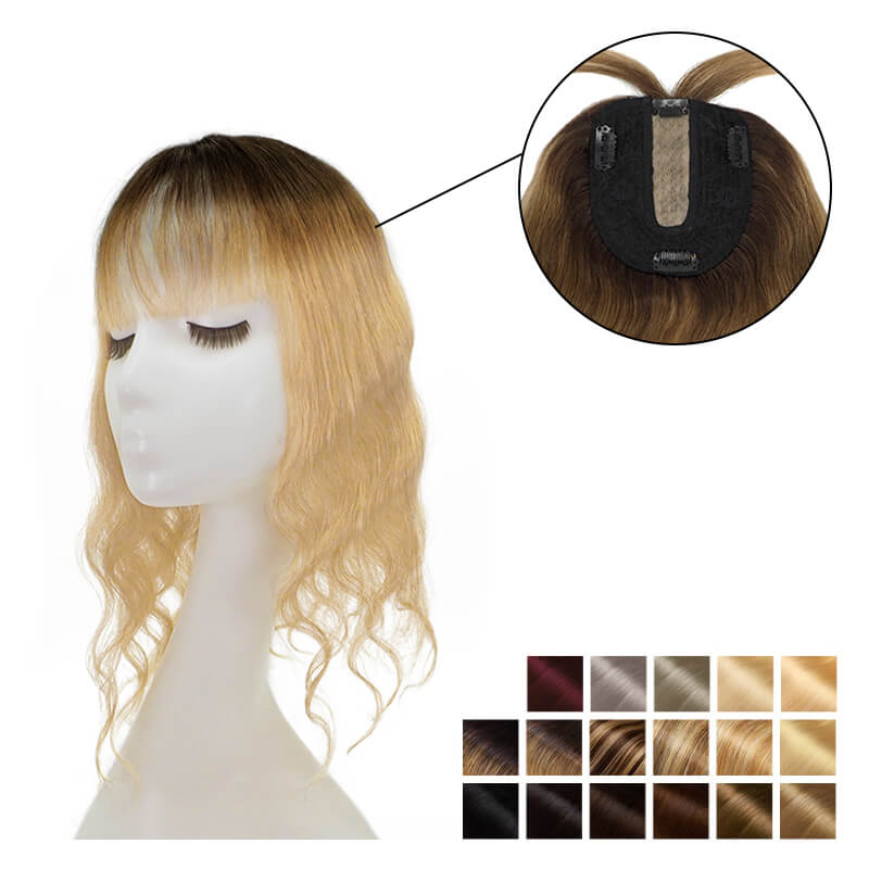 Susan – Topper de cheveux humains ondulés avec frange pour couronne amincissante, Base en soie 10x12cm, toutes les nuances