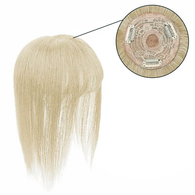 Topper de cheveux humains gris blond avec frange pour femmes, couronne amincissante, Base 10*10cm