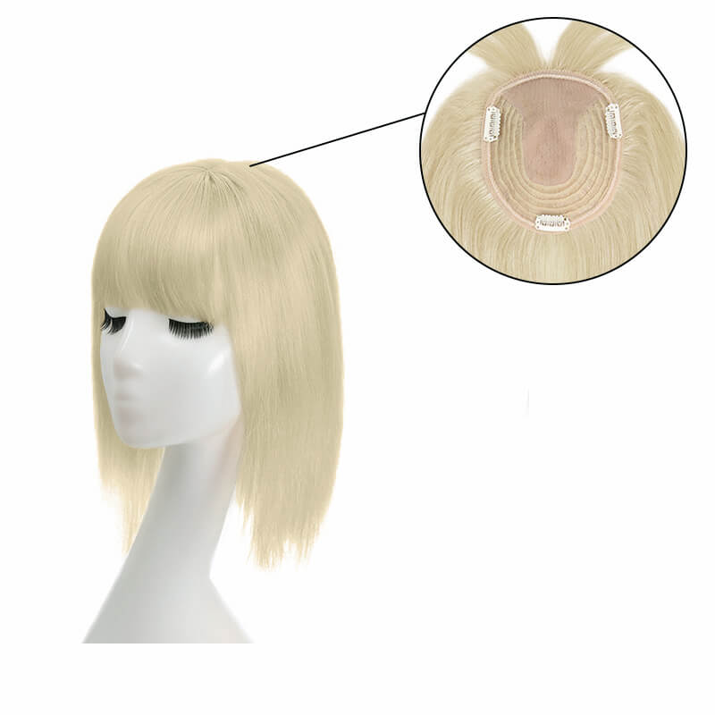 Topper gris blond de cheveux humains avec des franges pour éclaircir la base en soie des cheveux 13*15cm