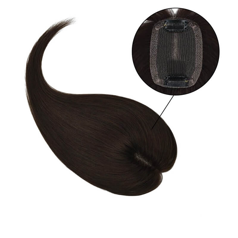 Daphne ︳Topper de cheveux humains avec frange pour cheveux fins, base en dentelle 6 x 9 cm, marron foncé