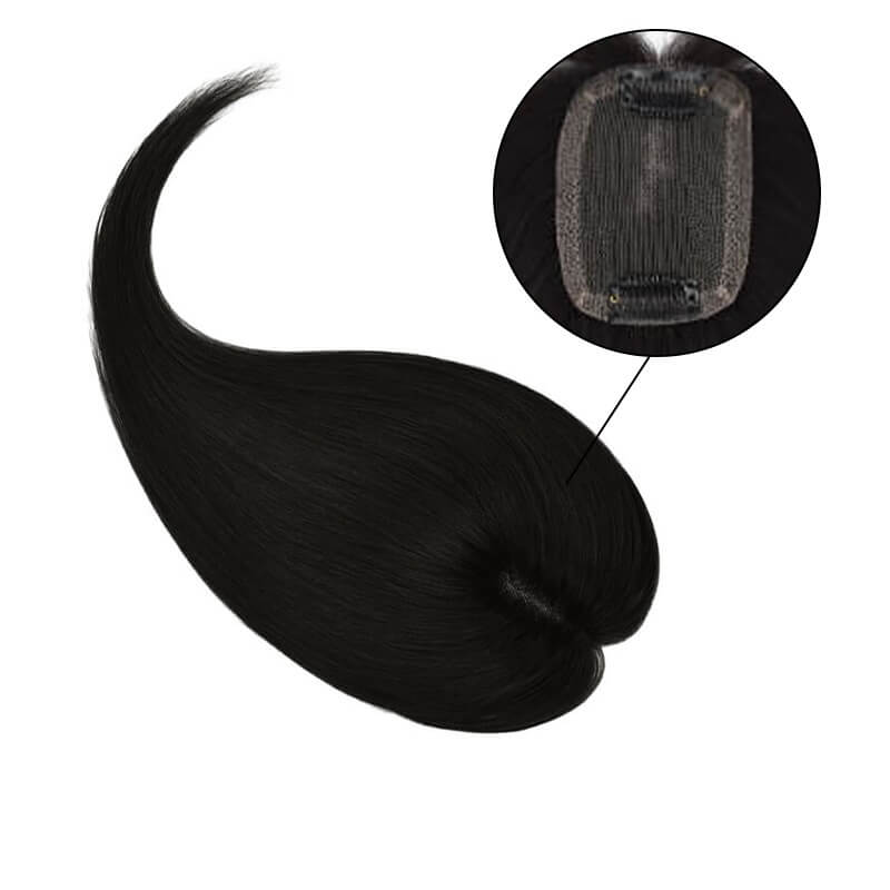 Daphne – Topper de cheveux humains avec frange pour cheveux fins, Base en dentelle 6x9CM, noir naturel