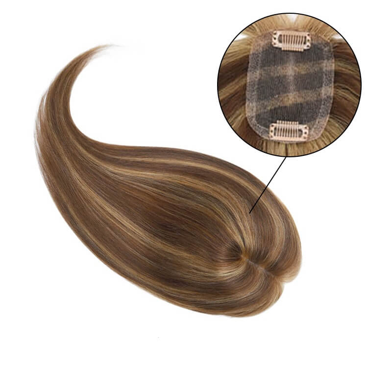 Daphné – Topper de cheveux humains avec frange pour cheveux fins, Base en dentelle 6x9CM, reflets caramel