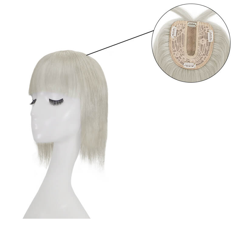 Susan – cheveux humains gris sable avec frange, couronne amincissante, Base 10x12cm, pour femmes