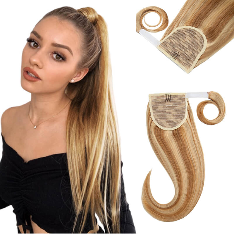 Ponytail Human Hair Extensions Curly Blonde Highlight Wrap Around