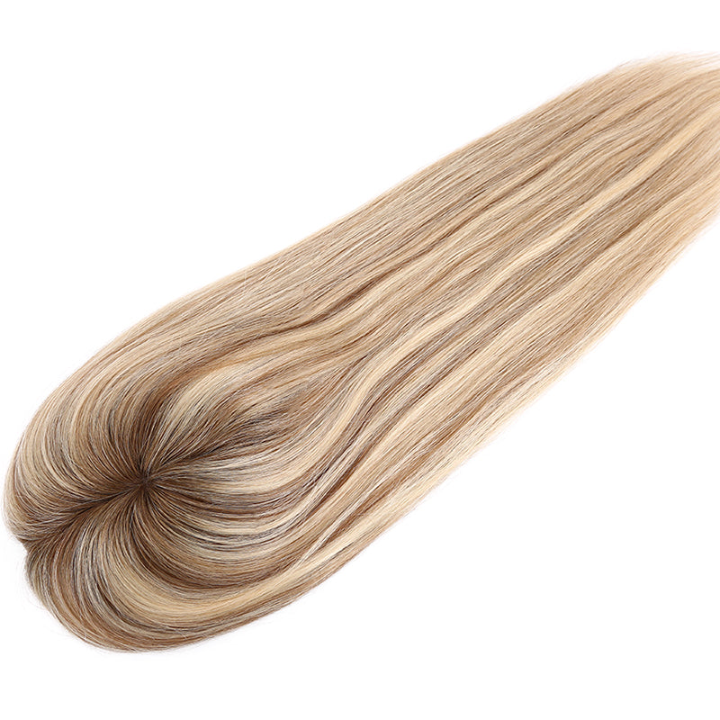 Rooted Brown With Blonde Lowlights Mono Top Human Hair Toppers for Women