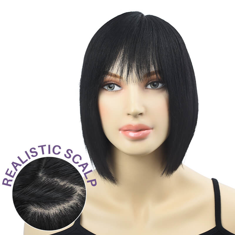10 Inch Realistic Look Silk Top Straight Bob Wig with Bangs - 4 colors