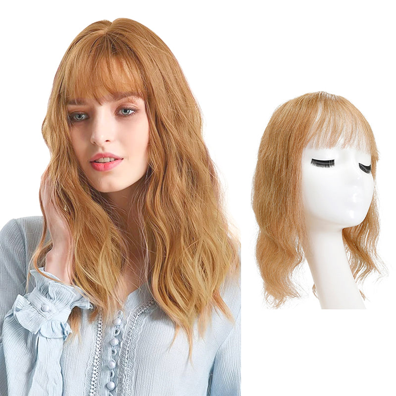 Susan – cheveux humains ondulés avec frange pour couronne amincissante, Base en soie, blond foncé, 10x12cm