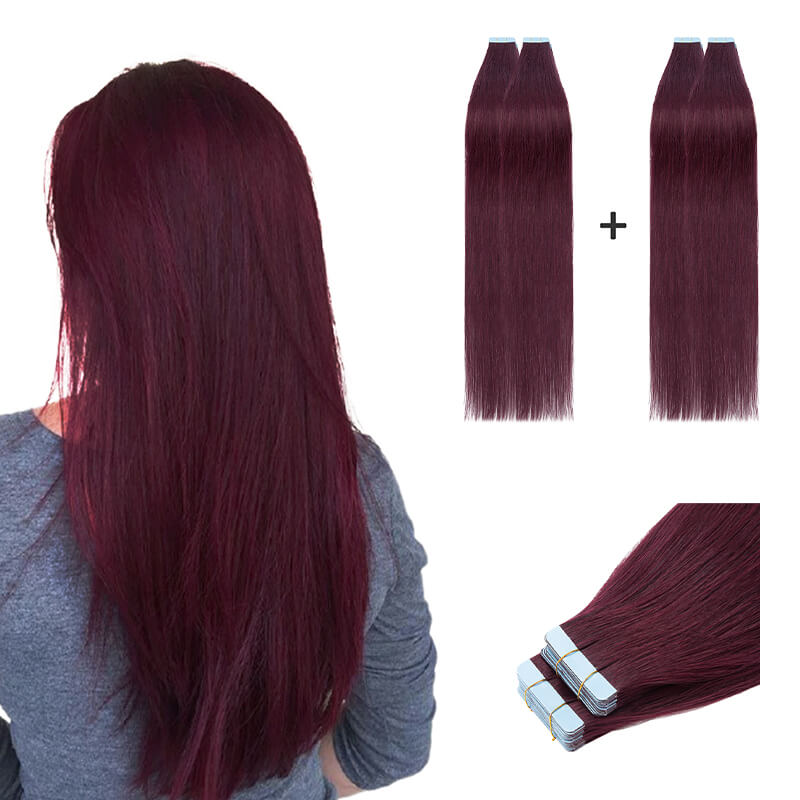Wine Red Straight Tape Ins 2 Pack 40pcs Bundle For More Volume E-LITCHI
