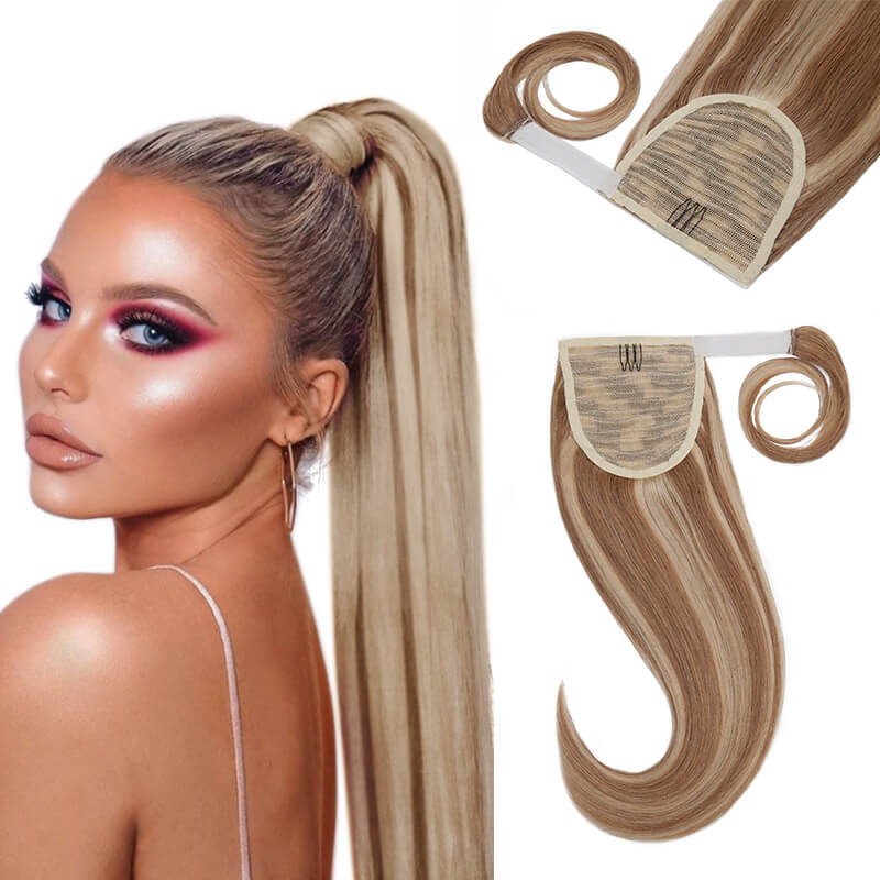 Ponytail Human Hair Extensions Curly Blonde Highlight Wrap Around E-LITCHI