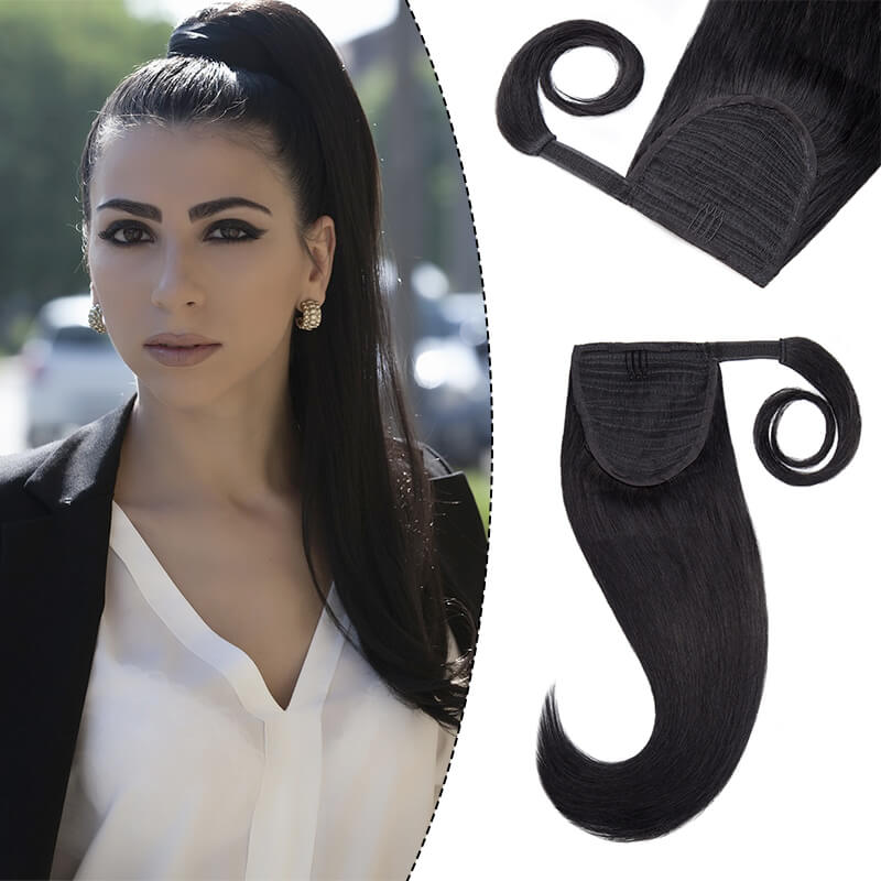 Straight Black Wrap Around Ponytail Human Hair Extensions E-LITCHI