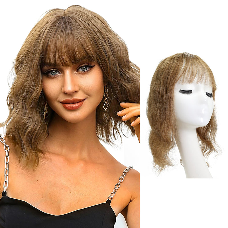 Susan ︳Wavy Human Hair Topper With Bangs For Thinning Crown 10*12cm Light Brown Silk Base