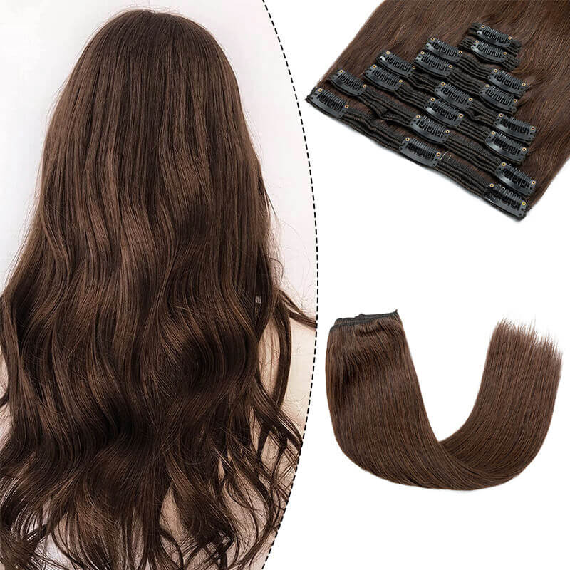 Brown Clip In Human Hair Extensions Natural Straight 8pcs