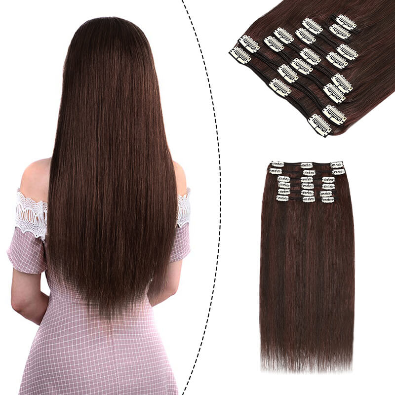Caramel Highlights Clip In Human Hair Extensions Natural Straight Multi Wefts Full Volume
