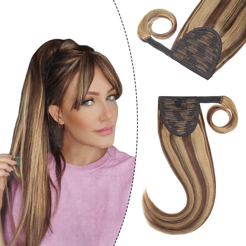 Ponytail Human Hair Extensions Curly Blonde Highlight Wrap Around E-LITCHI