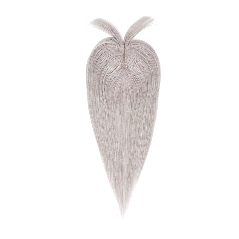Silver Grey Human Hair Topper With Bangs For Thinning Hair 13*15cm Silk Base