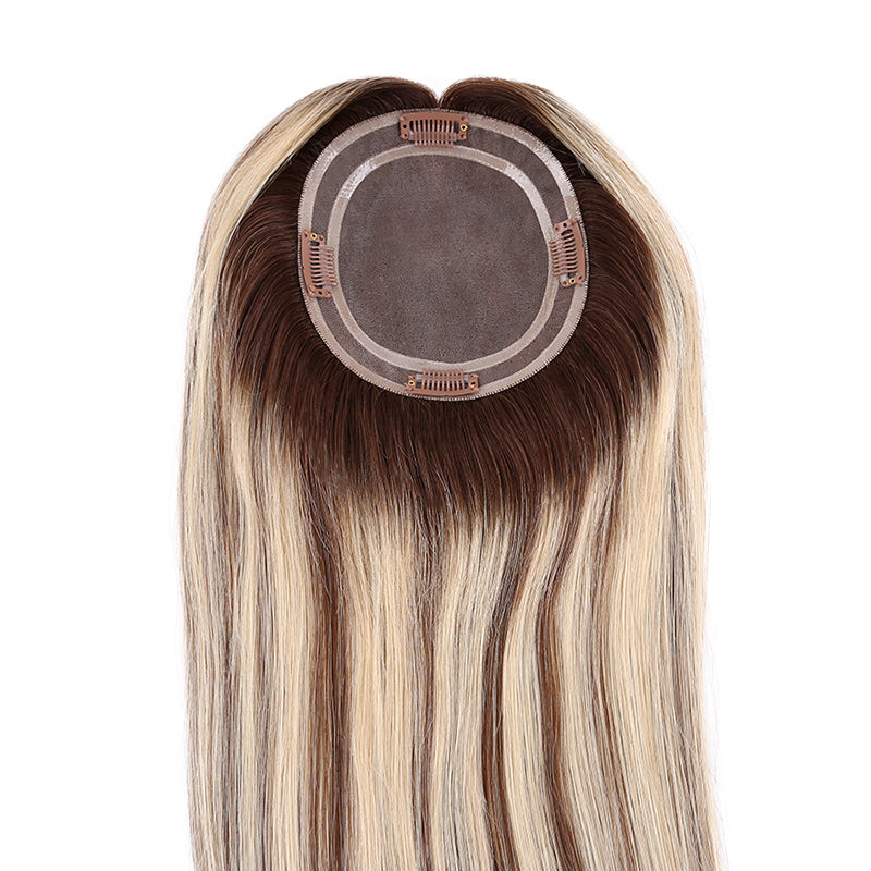 Natural Warm Blonde With Brown Mono Top Human Hair Toppers for Women