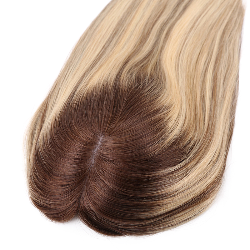 Natural Warm Blonde With Brown Mono Top Human Hair Toppers for Women