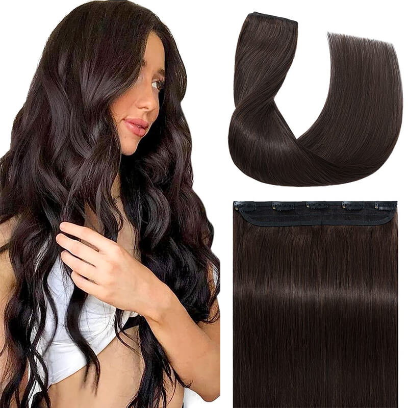 Brown Clip In Human Hair Extensions Natural Straight Single Piece Full Volume