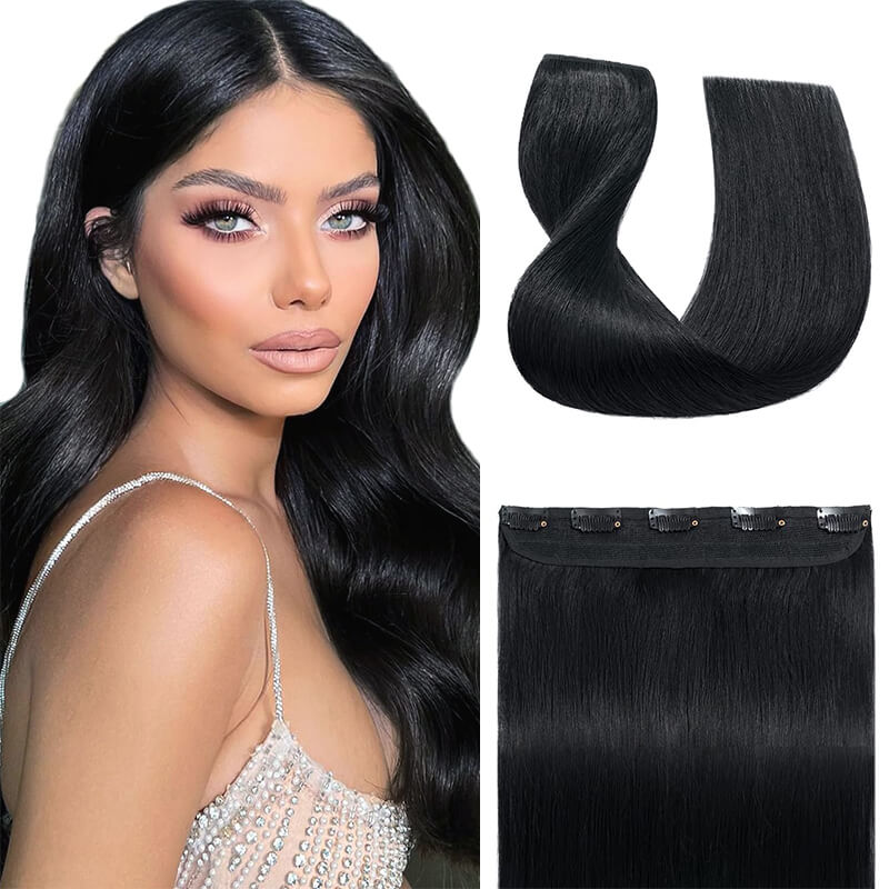 Black Clip In Human Hair Extensions Natural Straight Single Piece Full Volume