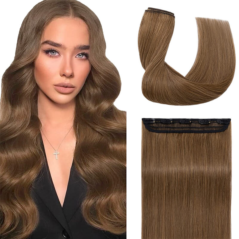 Brown Clip In Human Hair Extensions Natural Straight Single Piece Full Volume