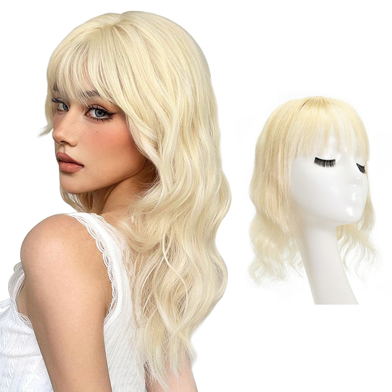 Susan – cheveux humains ondulés avec frange pour couronne amincissante, 10x12cm, Base en soie, blond platine