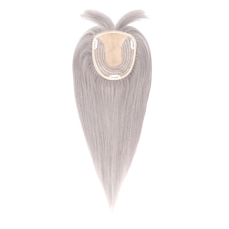 Silbergrauer Echthaar-Topper mit Pony für dünner werdendes Haar, 13 x 15 cm, Seidenbasis