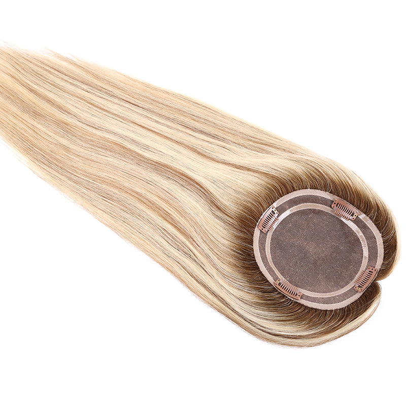Rooted Brown With Blonde Lowlights Mono Top Human Hair Toppers for Women