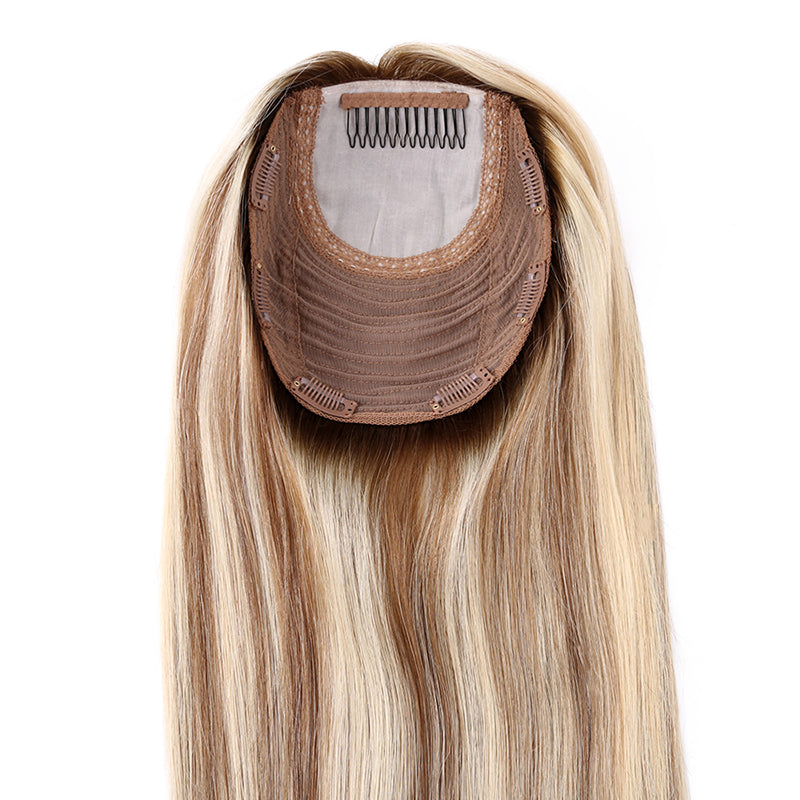 Rooted Brown With Blonde Lowlights Mono Top Human Hair Toppers for Women