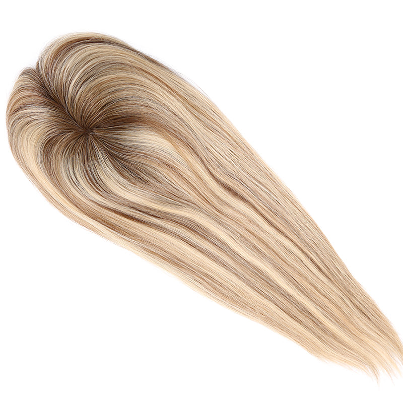 Rooted Brown With Blonde Lowlights Mono Top Human Hair Toppers for Women