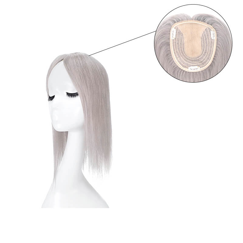 Silbergrauer Echthaar-Topper für dünner werdendes Haar, 13 x 15 cm, Seidenbasis
