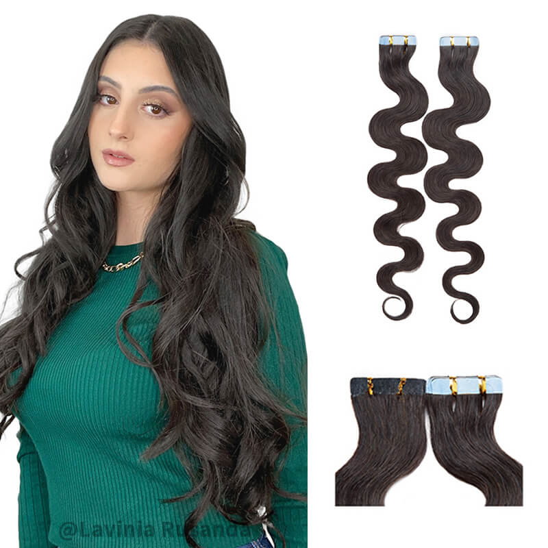 Black Wavy Tape Ins 20pcs For Thin Hair E-LITCHI® Hair
