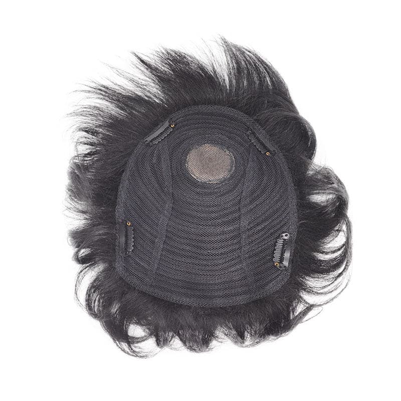 Human Hairpiece With Bangs For Women Short Hair 16*19cm Mono Base Topper Jet Black E-LITCHI Hair