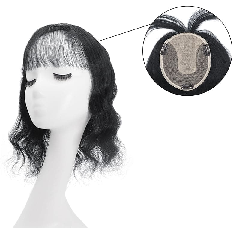 Wavy Human Hair Topper With Bangs For Thinning Hair Jet Black 13*15cm Silk Base E-LITCHI