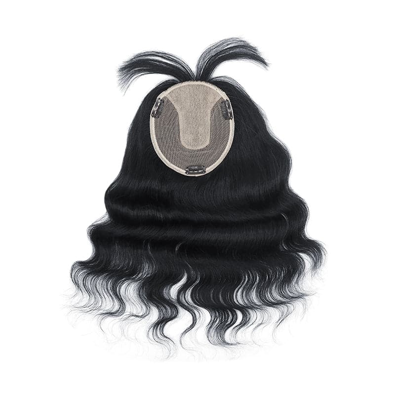 Wavy Human Hair Topper With Bangs For Thinning Hair Jet Black 13*15cm Silk Base E-LITCHI