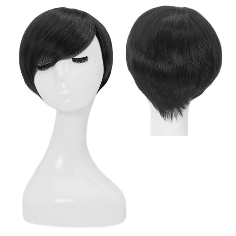 Short Pixie Cut Human Hair Wigs With Layered Side Bangs Glueless Jet Black