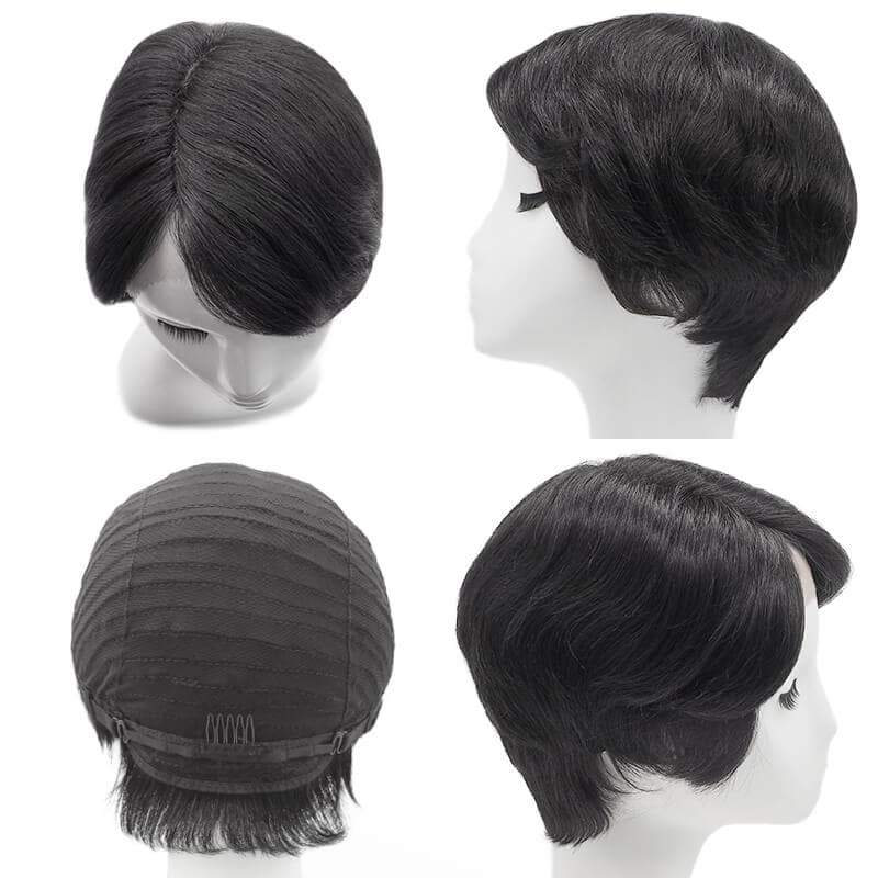 Human Hair Lace Front Side Parted Pixie Wig With Curls Jet Black
