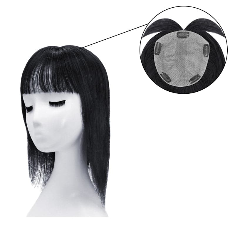 Human Hair Topper With Bangs Jet Black 15*16cm Base E-LITCHI