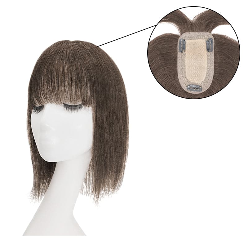 Dark Brown Human Hair Topper With Bangs For Women Thinning Crown 7*13cm Base E-LITCHI Hair