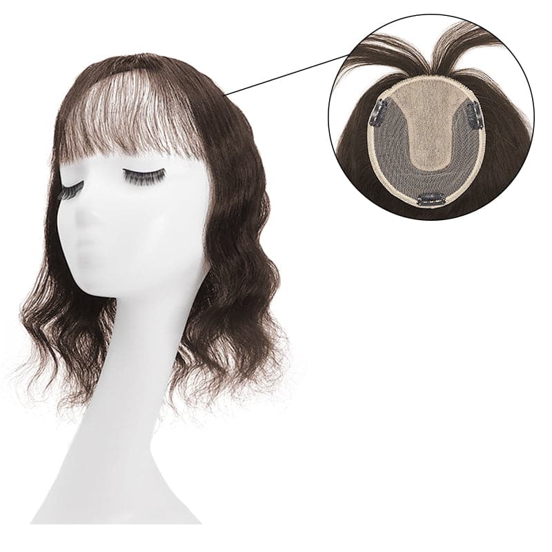 Wavy Human Hair Topper With Bangs For Thinning Hair Dark Brown 13*15cm Silk Base E-LITCHI