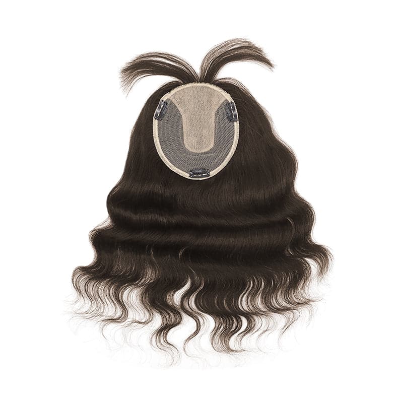 Wavy Human Hair Topper With Bangs For Thinning Hair Dark Brown 13*15cm Silk Base E-LITCHI