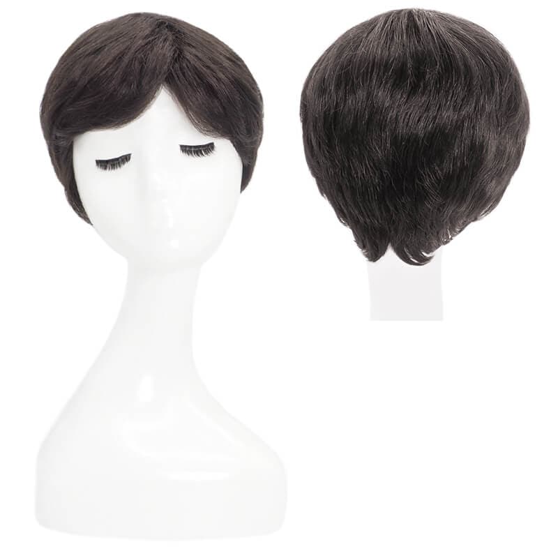 Short Pixie Human Hair Wigs With Bangs Free Parted Glueless Dark Brown