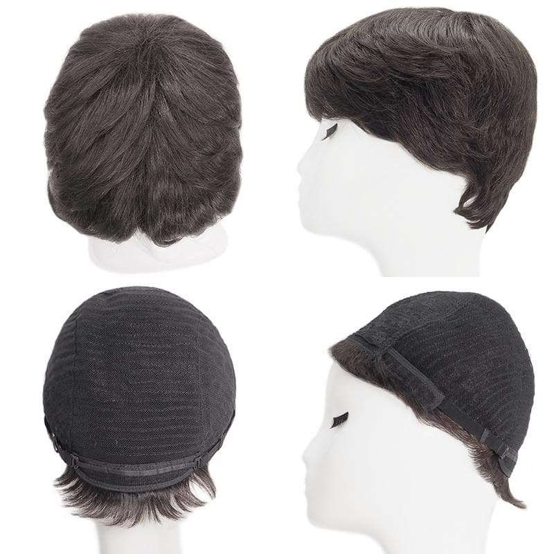 Short Pixie Human Hair Wigs With Bangs Free Parted Glueless Dark Brown Natural Black E-LITCHI Hair