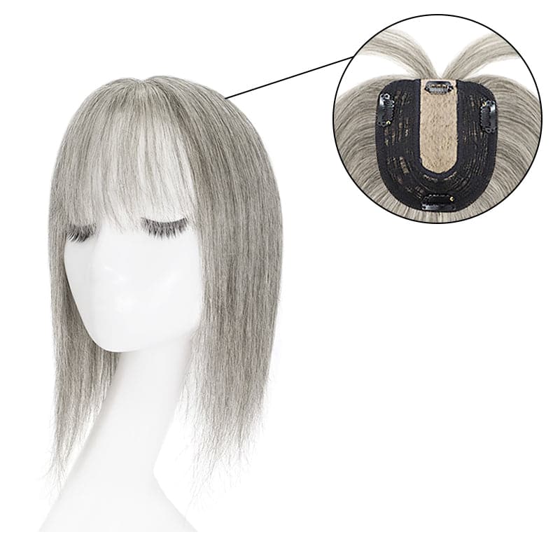 Susan ︳Human Hair Topper with Bangs For Thinning Crown 10*12cm Silk Base Mixed Grey E-LITCHI Hair