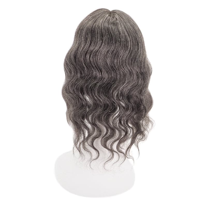 Mixed Grey Wavy Human Hair Topper With Bangs For Thinning Hair 13*15cm Silk Base E-LITCHI