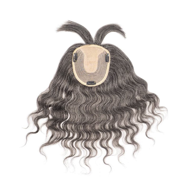 Mixed Grey Wavy Human Hair Topper With Bangs For Thinning Hair 13*15cm Silk Base E-LITCHI