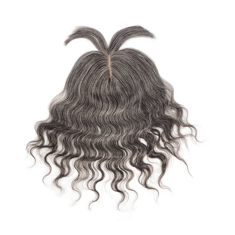 Mixed Grey Wavy Human Hair Topper With Bangs For Thinning Hair 13*15cm Silk Base E-LITCHI