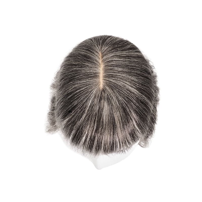 Mixed Grey Wavy Human Hair Topper With Bangs For Thinning Hair 13*15cm Silk Base E-LITCHI