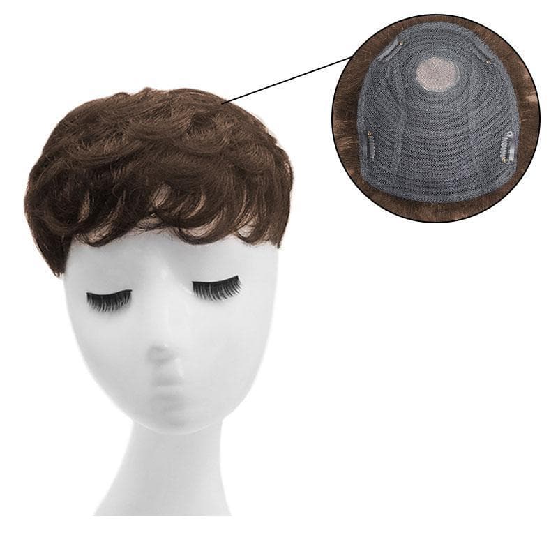 Human Hairpiece With Bangs For Women Short Hair 16*19cm Mono Base Topper Medium Brown E-LITCHI Hair
