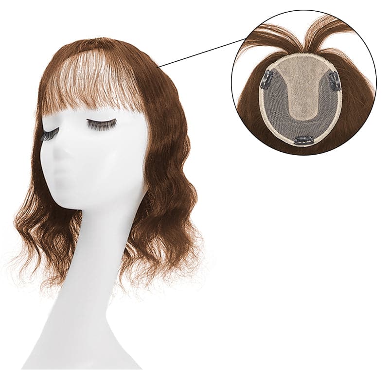 Wavy Human Hair Topper With Bangs For Thinning Hair Medium Brown 13*15cm Silk Base E-LITCHI